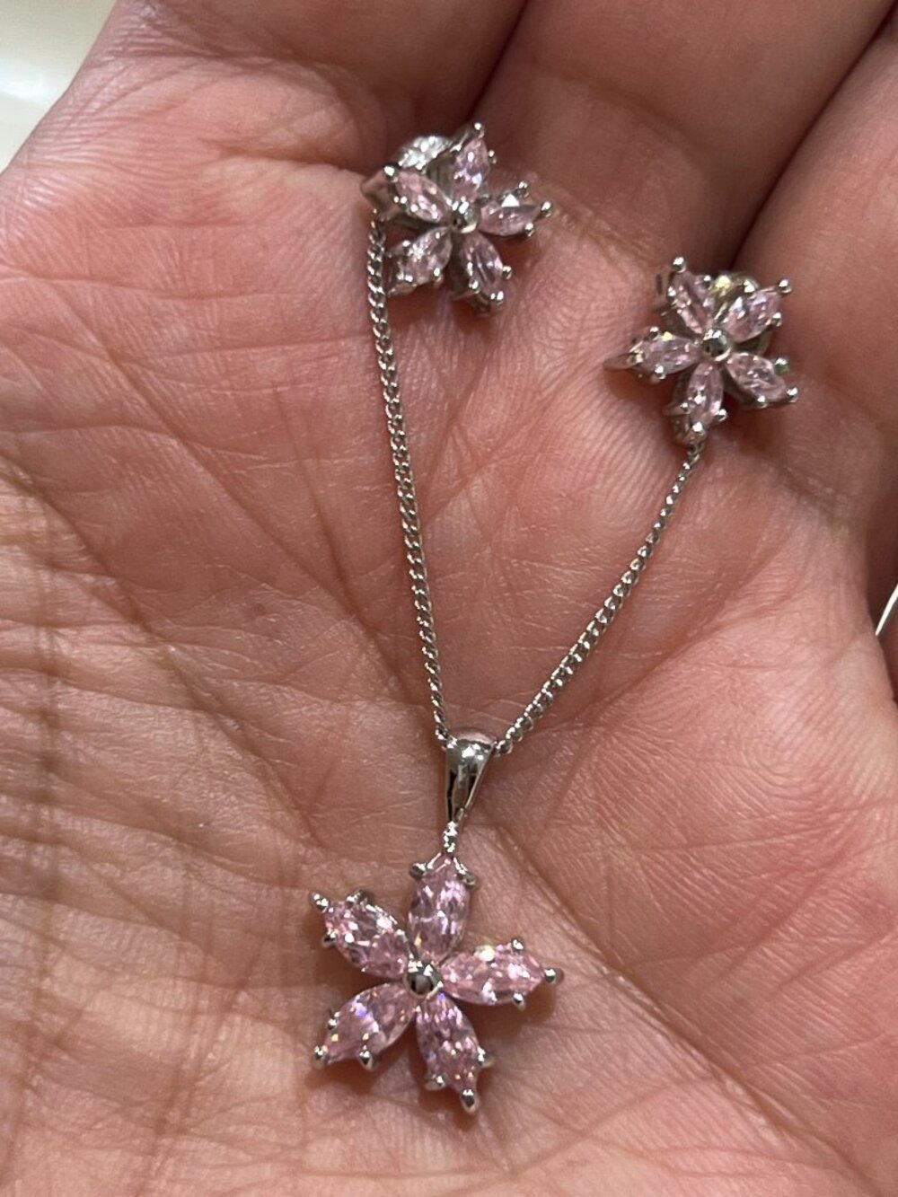 NWOT Sterling Silver 925 Pink CZ Marquise SnowFlakeFlower Necklace & Earring Set